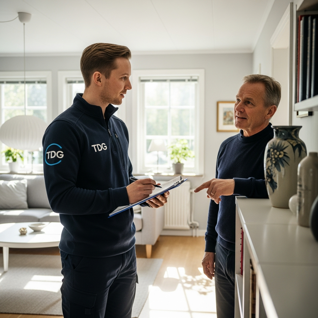 Personal från Tömma Dödsbo Göteborg med TDG-logga planerar tömning av dödsbo i Trollhättan tillsammans med en anhörig kund i ett bostadshus.