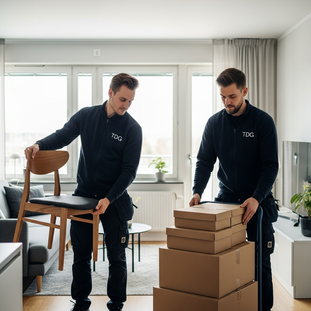 TDG-personal som värderar möbler och bohag i ett dödsbo i Älmhult för att ge kostnadsfri och transparent offert.