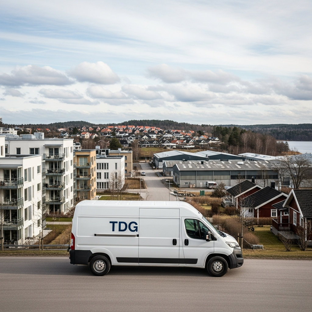 Inte använd “TDG-lastbil parkerad i Vänersborg med vy över olika områden i kommunen, inklusive stad, industri, bostadsområden och sjönära hus.”